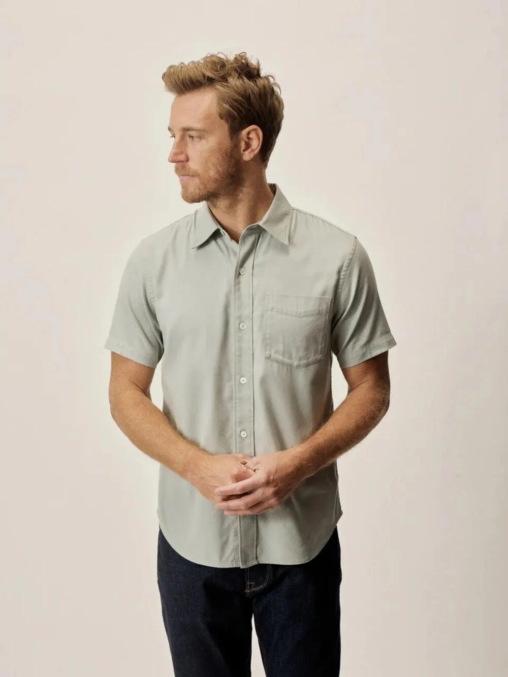 Buck Mason Draped Twill One Pocket Shirt Small Grey Sea Short Sleeve Button Up